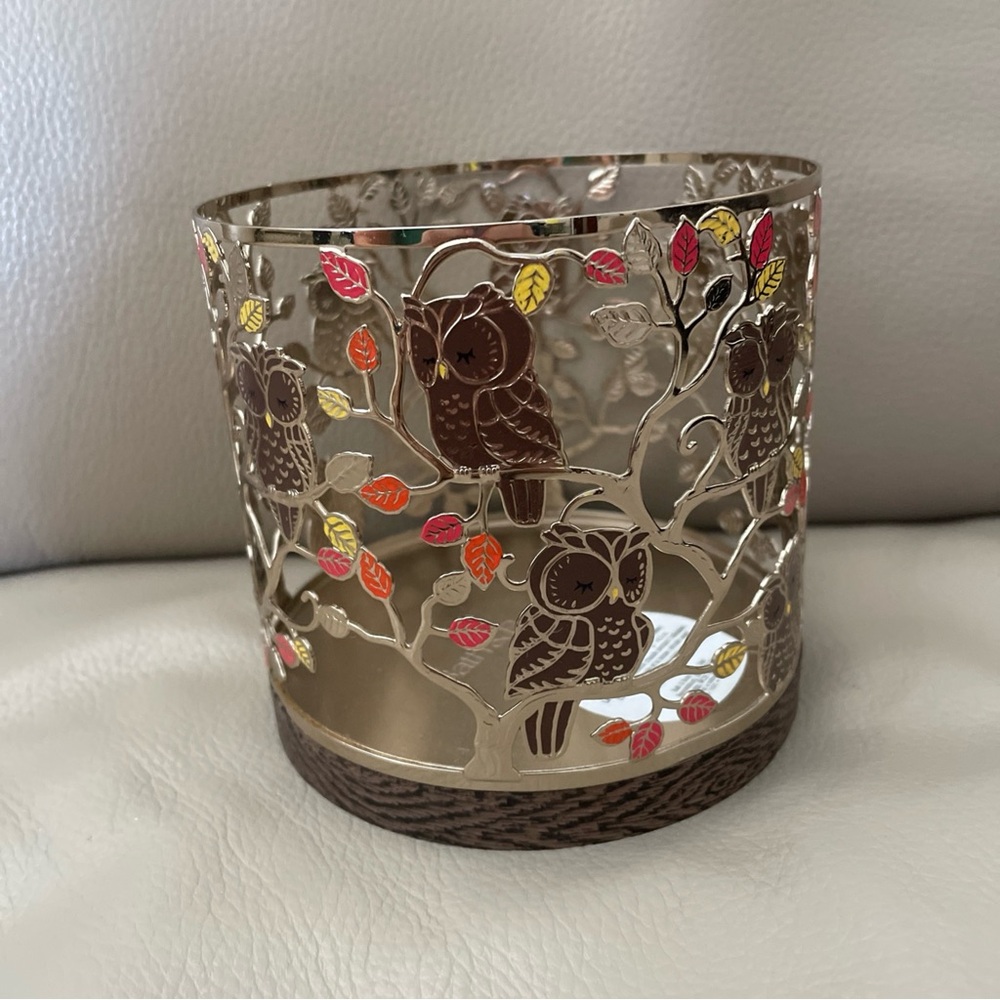 Bath and Body Works Fall Owl 3 wick Candle Holder Faux Wood Base
